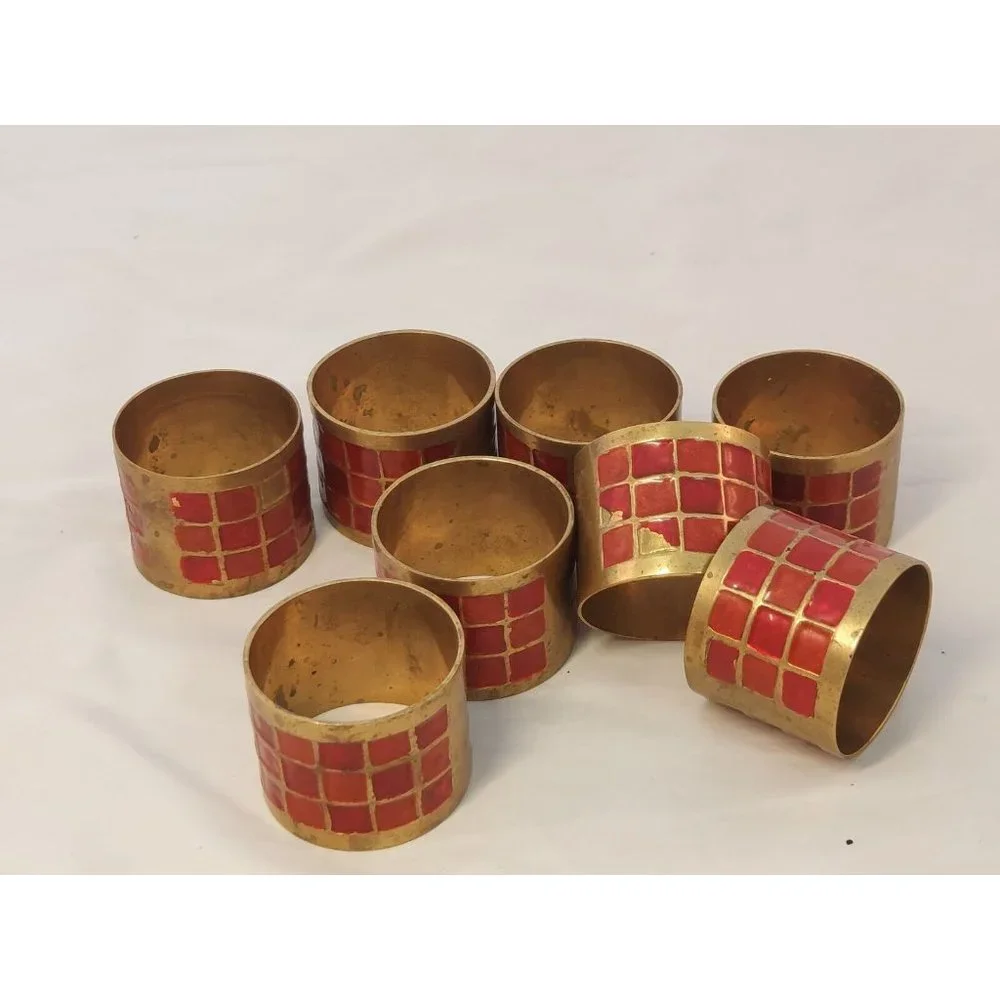 Pier 1 Vintage Brass with Red Enamel Napkin Rings Holder set of 8